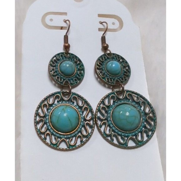 NEW - Lot of 3 Turquoise & Copper Color Metal Earrings boho dangle - Picture 4 of 8